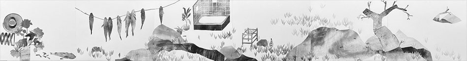 Dan Jian-Flowers in the Mirror, 2021 paper on board, 16 x 120