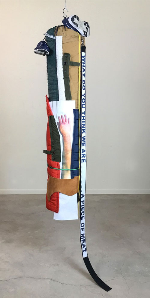 Ed Barr, Meat, 2021, Heavy canvas, puffer jackets, webbing, bungee cord, sneakers,
leather army tent remnants, faux sheepskin, brass hardware, zippers, nylon cord batting, 52 x 14